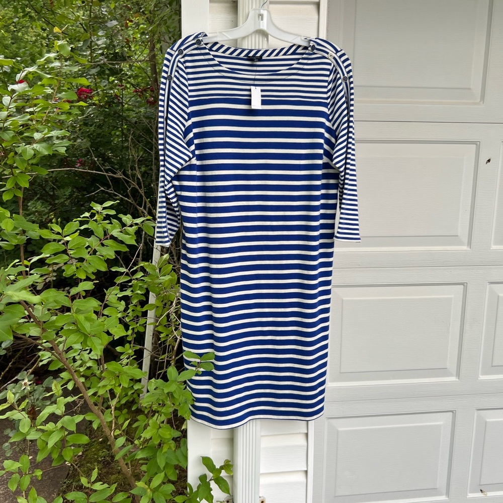 NWT Talbots Pretty Royal Blue White Stripe Fun Button Down 3/4 Sleeve Dress